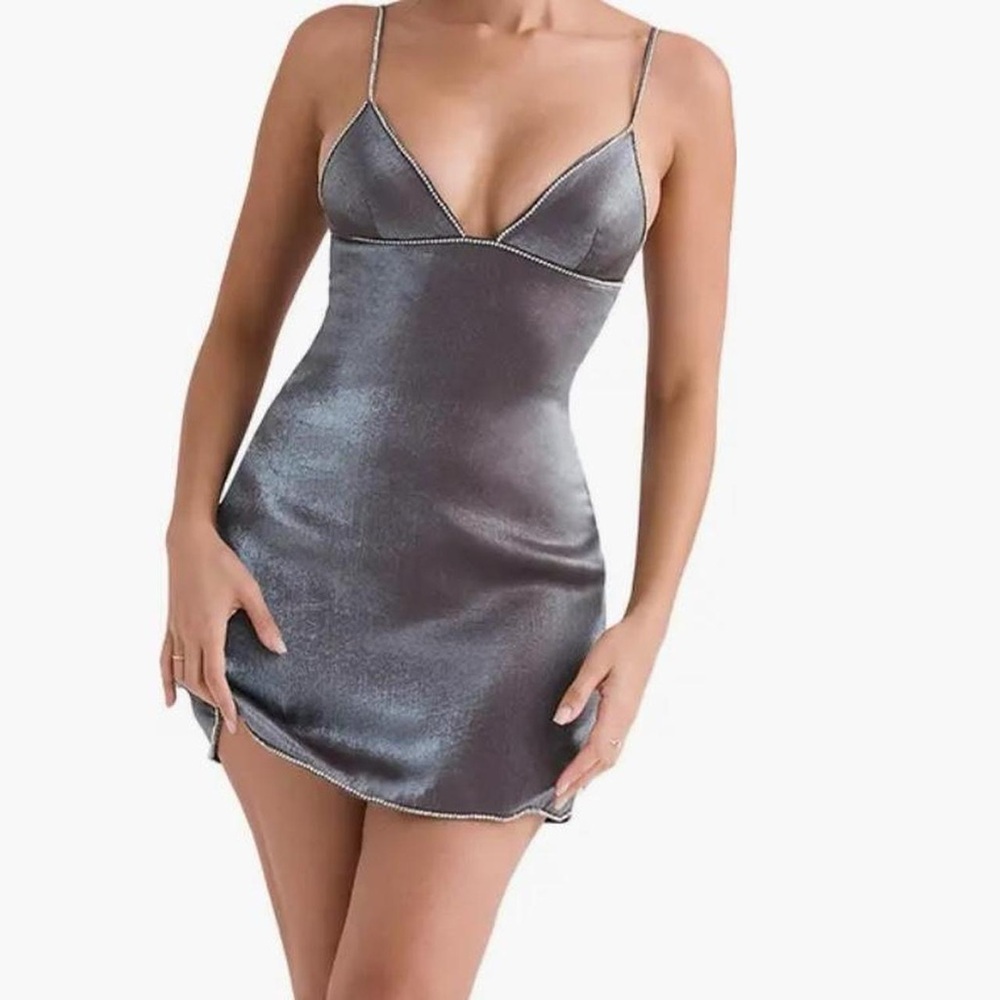 BRAND NEW House of CB Satin Silver Mini Dress with Sequin Detail - XS